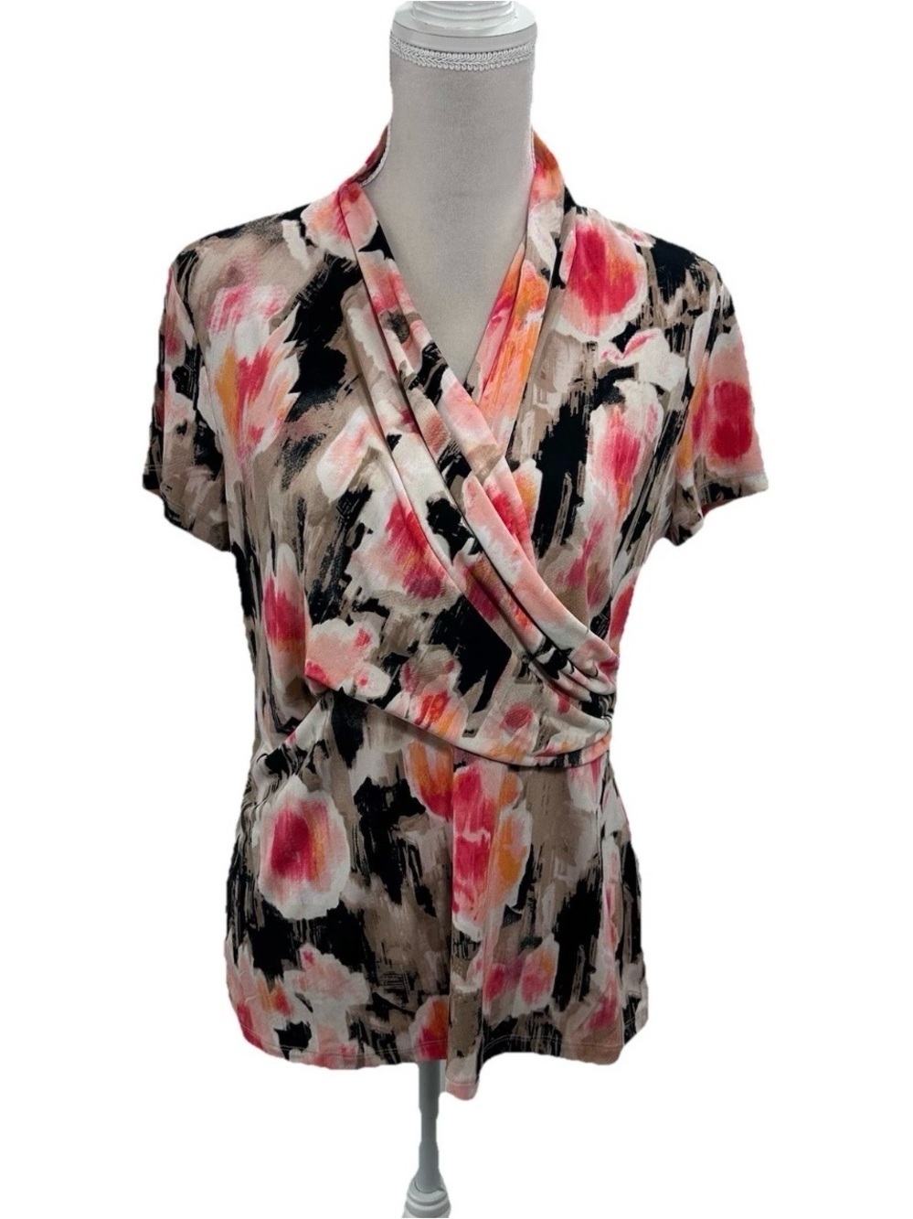 DKNY Women's Wrap-Style Floral Print Top in Pink and Black